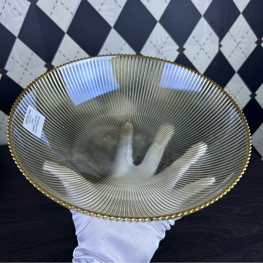 Amber Luster Ribbed Glass Bowl & Plate Set with Gold Rim Contemporary Tablescape - Picture 10 of 13